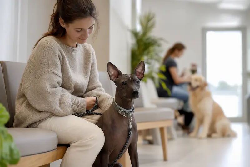 Ein Mexikanischer Nackthund sitzt ruhig neben seinem Besitzer im hellen Wartezimmer einer modernen Tierarztpraxis.